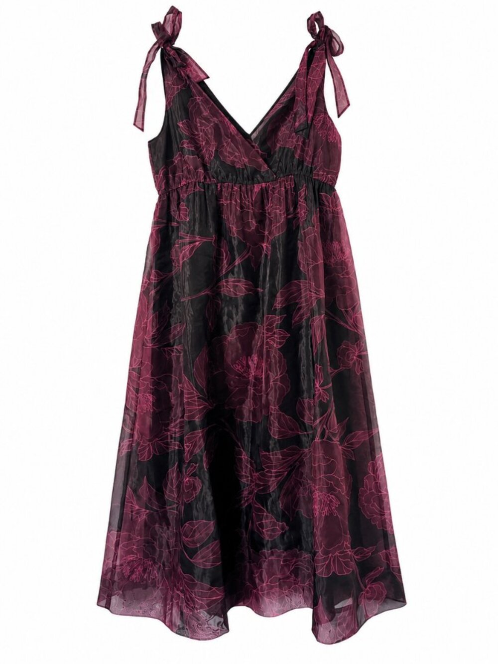 DR2 Black Burgundy Floral Organza Tie Shoulder Midi Dress XL NWT